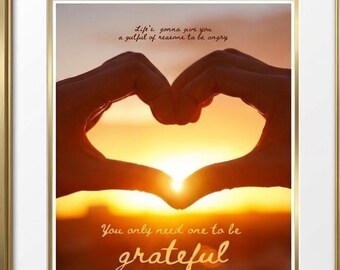 Grateful Heart sunset hands heart | inspirational quote wall art