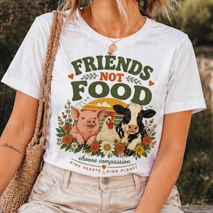 T-shirt met de tekst "Friends Not Food", retro boerderijdieren, veganistisch T-shirt, plantaardige kleding.