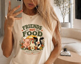 Friends Not Food Sleeveless Vegan Shirt, Farm Animal Graphic Muscle Tank