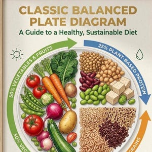 Puede incluir: Un diagrama que ilustra un plato equilibrado con secciones para verduras y frutas, proteínas vegetales y granos integrales. El texto dice: "Diagrama del plato equilibrado clásico: Una guía para una dieta sana y sostenible."