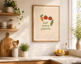Eat More Plants Printable Wall Art Beige| Vegan Poster | Healthy Lifestyle Kitchen Decor