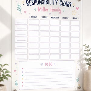 May include: A clear acrylic responsibility chart with the text "RESPONSIBILITY CHART" and "Miller Family" in blue and pink. It features a grid for Monday through Friday, a "TO DO" section with lines, and decorative icons including hearts, stars, and leaves.