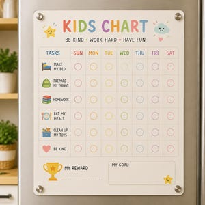 May include: A rectangular magnetic kids chart with a white background, featuring the text KIDS CHART, BE KIND, WORK HARD, HAVE FUN. It includes a grid for tasks like making a bed, homework, and chores, with colorful icons and circles for each day of the week.
