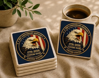 Juego de posavasos personalizados del 250 aniversario de EE. UU., posavasos de cerámica con águila y nombre personalizado, regalo patriótico