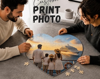 Custom Couple Cruise Puzzle, Heart-Shaped Photo Jigsaw, Personalized Sunset Vacation Keepsake, Romantic Gift for Him & Her