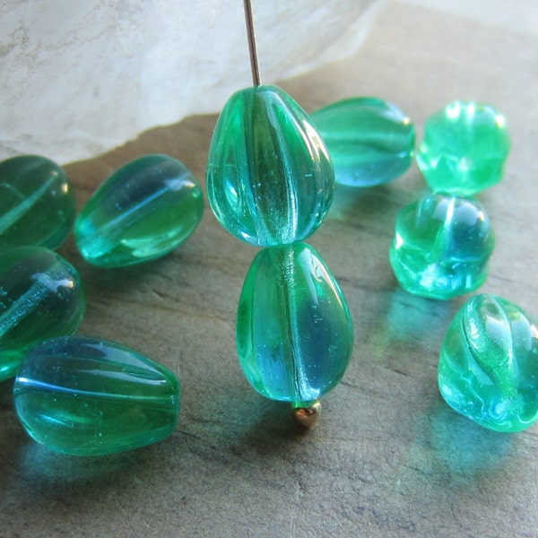 Czech Glass Fluted Teardrop Bead Old Stock Sapphire/Green 11mm x 9mm QTY 15