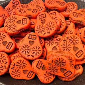 20mm x 16mm Sugar Skull Czech Bead Matte Orange Black Wash QTY 6
