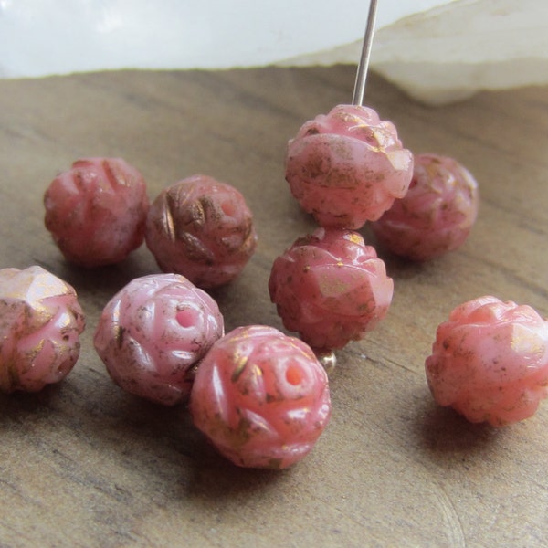 Czech Glass Bead Firepolished Rosebud Opaque Pink Marble Gold Picasso 7/8mm QTY 10
