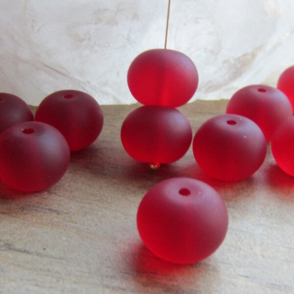 Sea Glass Rondelle Bead Cherry Red 14mm x 10mm QTY 10