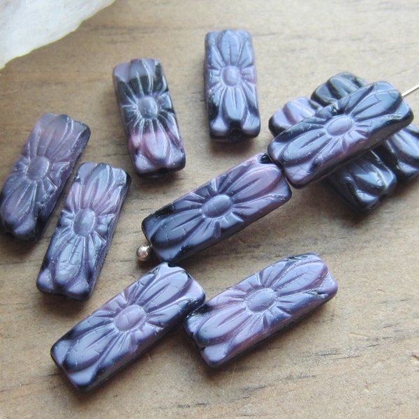 Czech Glass Etched Flower Bead Rectangle Opaque Purple Marble 20 mm x 8 mm QTY 10