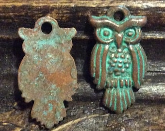 Mykonos Greek Casting Horned Owl Pendant 29mm x 14mm Green Patina Qty 1