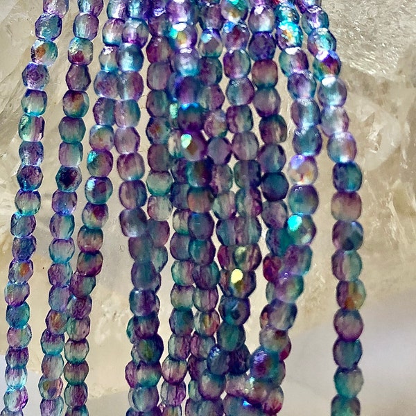 Czech 3mm Fire Polish Bead Aqua Celestial Etched 1 Strand