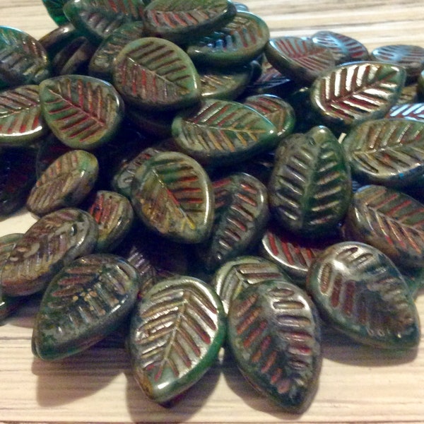 Czech Leaf Bead 16mm x 12mm Green Picasso Top Drilled 1 Strand