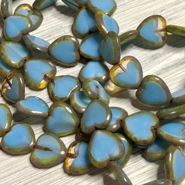 Czech Table Cut Heart Bead 16/15mm Silky Sky Blue Green Picasso