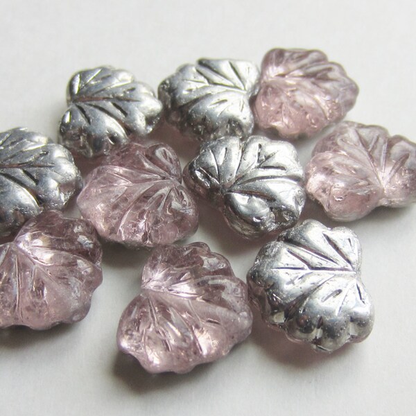 Czech Glass Bead Maple Leaf Rosaline and Silver Metallic 13mm x 11mm QTY 10