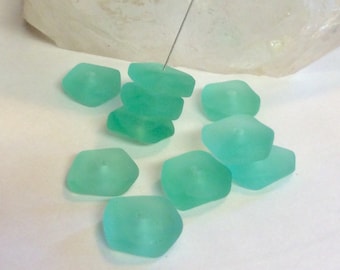 Sea Glass Bead Freeform Button Spacer Bead Sea Green 14mm - 15mm QTY 10