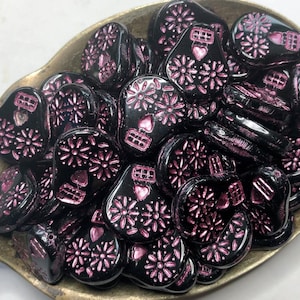 Czech Sugar Skull Bead 20/16mm Black Pink Metallic Wash QTY 4