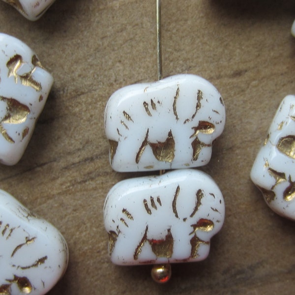 Czech Glass Bead Elephant White Gold Etching 13mm x 10mm 1 Strand