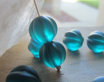 Czech Glass Fluted Melon Bead Teal Matte 12mm QTY 10