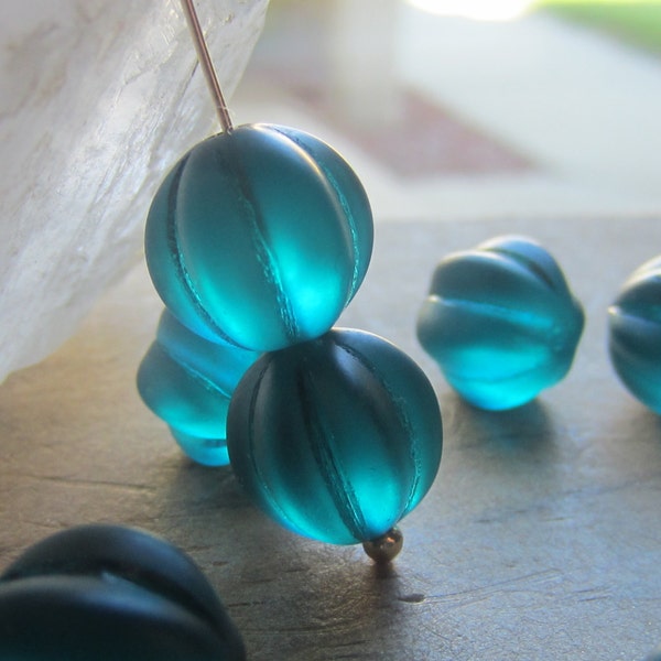 Czech Glass Fluted Melon Bead Teal Matte 12mm QTY 10