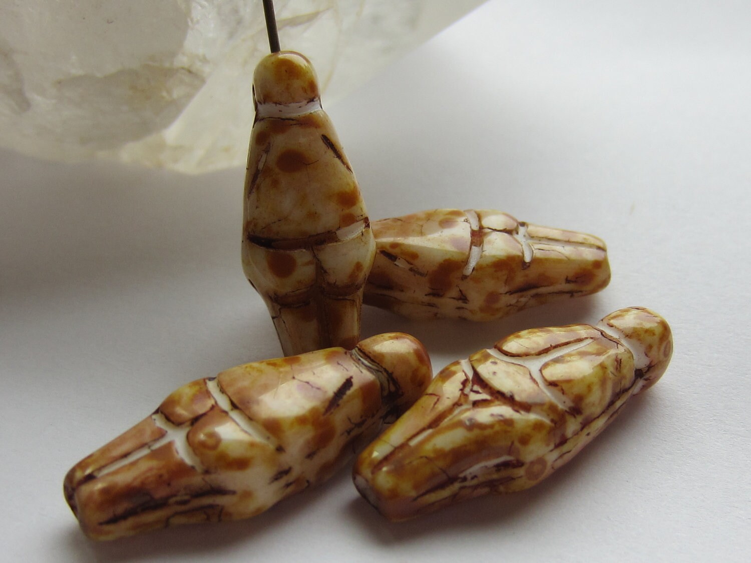 Czech Glass Bead Goddess White Brown Mottled 24mm x 10mm QTY 4