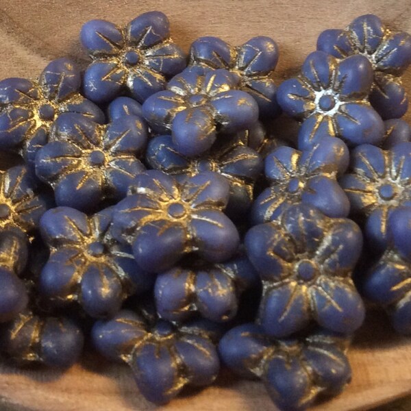 Czech Star Flower 14mm x 13mm Matte Deep Purple Old Gold Qty 6