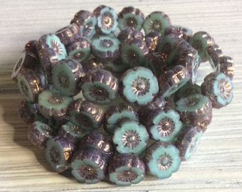 Czech Tiny Hawaiian Flower Bead 8mm Turquoise Bronze Wash QTY 6