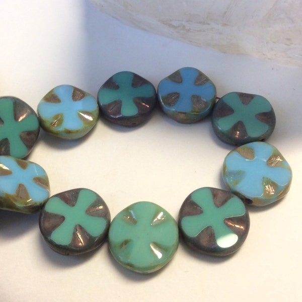 Czech Medieval Cross Coin Bead 14mm Blue Green Mix 1 Strand