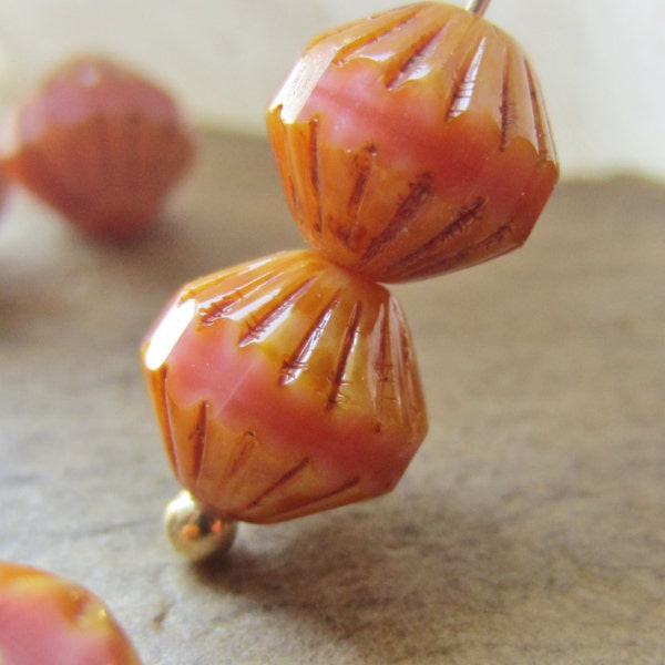 Czech Glass Bead Fluted Fire Polish 9 mm Coral Pink Picasso QTY 15