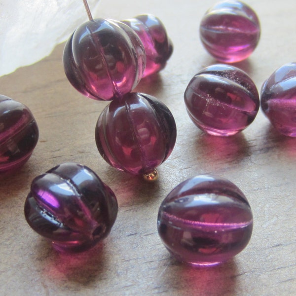 Czech Fluted Melon Bead 12mm Shiny Amethyst QTY 10