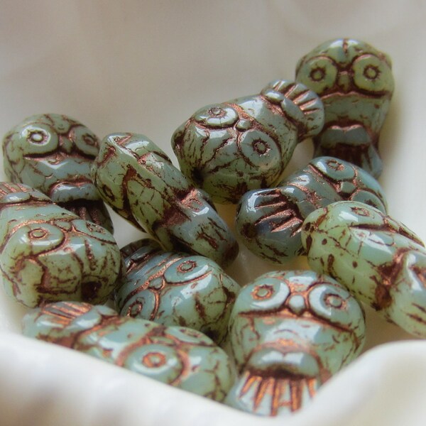 Czech Glass Owl Bead Bronzed Jade 18 mm x 11 mm QTY 4