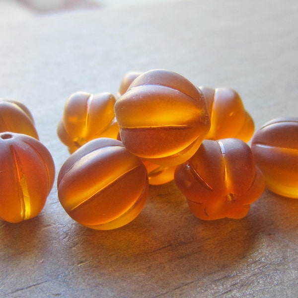 Czech Glass Fluted Melon Bead Amber Matte 12mm QTY 10