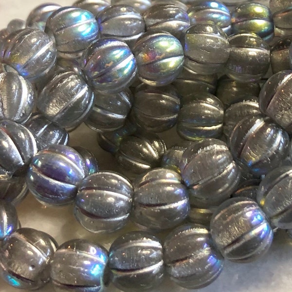 Czech Melon Bead 8mm Large Hole Crystal AB Finish Silver Wash QTY 10