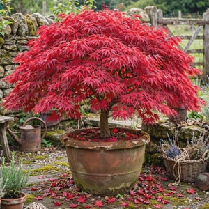 May include: A vibrant Japanese maple tree with dense, bright red, palmate leaves planted in a large, weathered, round terracotta pot. The tree features a thick, central woody trunk and a rounded canopy shape, with fallen red leaves scattered.