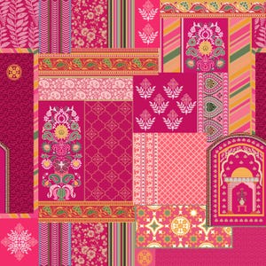 Op de afbeelding: Een levendig patchwork-ontwerp in tinten roze, fuchsia en koraal. Het patroon bevat bloemmotieven, geometrische vormen en decoratieve randen. Het ontwerp bevat elementen van Indiase en Perzische kunst, met ingewikkelde details en een rijk kleurenpalet.