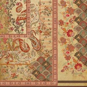 May include: A detailed textile design featuring a beige background with intricate floral and paisley patterns. The design incorporates shades of red, orange, green, and brown, creating a rich, ornate aesthetic. Borders and panels frame the design, enhancing its decorative appeal.