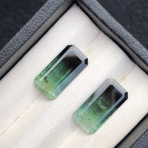 May include: Two rectangular, faceted gemstones with a gradient of green to black. The gems are displayed in a black box with a white, textured interior. The gems are likely tourmaline.