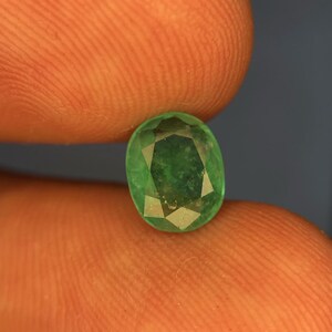May include: A loose oval-cut gemstone with a vibrant green colour and a faceted surface. The stone displays internal inclusions and a polished finish, reflecting light across its multiple geometric facets. The gem is held between two fingers.