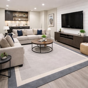 Puede incluir: Salón moderno con una alfombra gris claro con un borde gris oscuro y crema. La habitación incluye un sofá seccional, una mesa de centro redonda, un televisor y un mueble de madera oscura. Las paredes están pintadas en un color neutro.