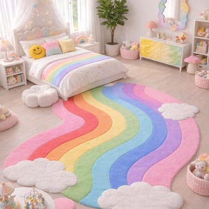 May include: A pastel-colored bedroom with a rainbow-themed rug, bedspread, and decorative accents. The rug is shaped like a rainbow with fluffy cloud accents. The room features a bed, dresser, and side tables, all decorated in soft, cheerful colors.