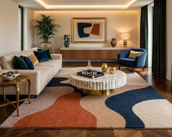 Tappeto trapuntato a mano, astratto moderno, beige, blu navy, ruggine, tappeto da soggiorno in stile metà secolo