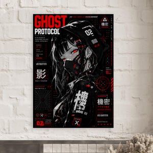 Ghost Protocol Cyberpunk Poster, Anime Wall Art Print, Cyber Ninja Artwork, Futuristic Japanese Decor, Red Neon Manga Poster image 3