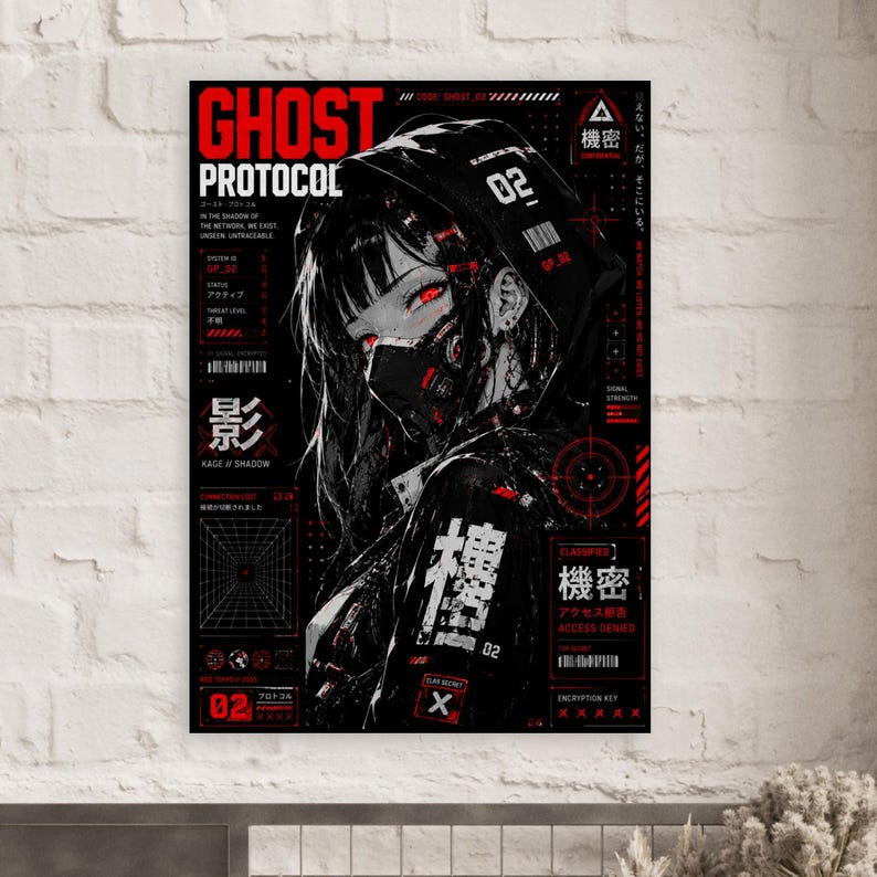 Ghost Protocol Cyberpunk Poster, Anime Wall Art Print, Cyber Ninja Artwork, Futuristic Japanese Decor, Red Neon Manga Poster image 3