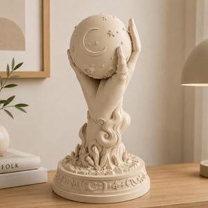 Handskulptur med himmelsk måne | Mystisk måne- och stjärnstaty | Gotisk häxig heminredning | 3D-utskriven hylldekor | Unik gåva