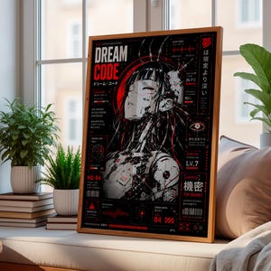 Dream Code Cyberpunk Poster, Anime Wall Art Print, Futuristic AI Artwork, Japanese Sci Fi Decor, Red Neon Manga Poster
