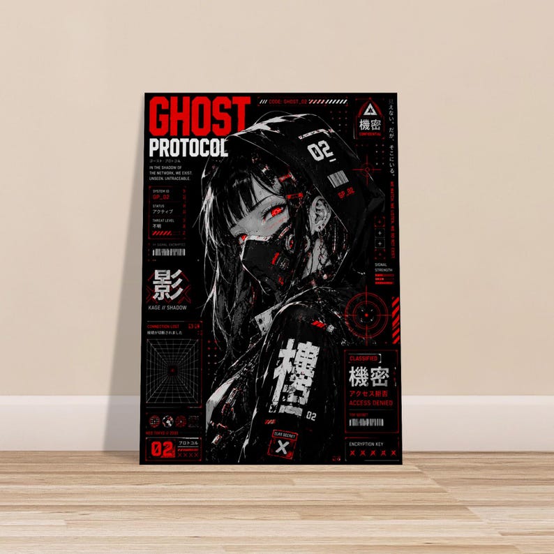 Ghost Protocol Cyberpunk Poster, Anime Wall Art Print, Cyber Ninja Artwork, Futuristic Japanese Decor, Red Neon Manga Poster image 13