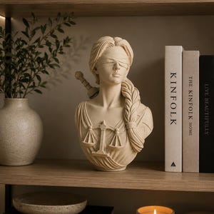Skulptur av Lady Justice, Themis-statydekor, gudinnabyst med ögonbindel, inredning för juridiskt kontor, advokatgåva, klassisk heminredning, rättvisa