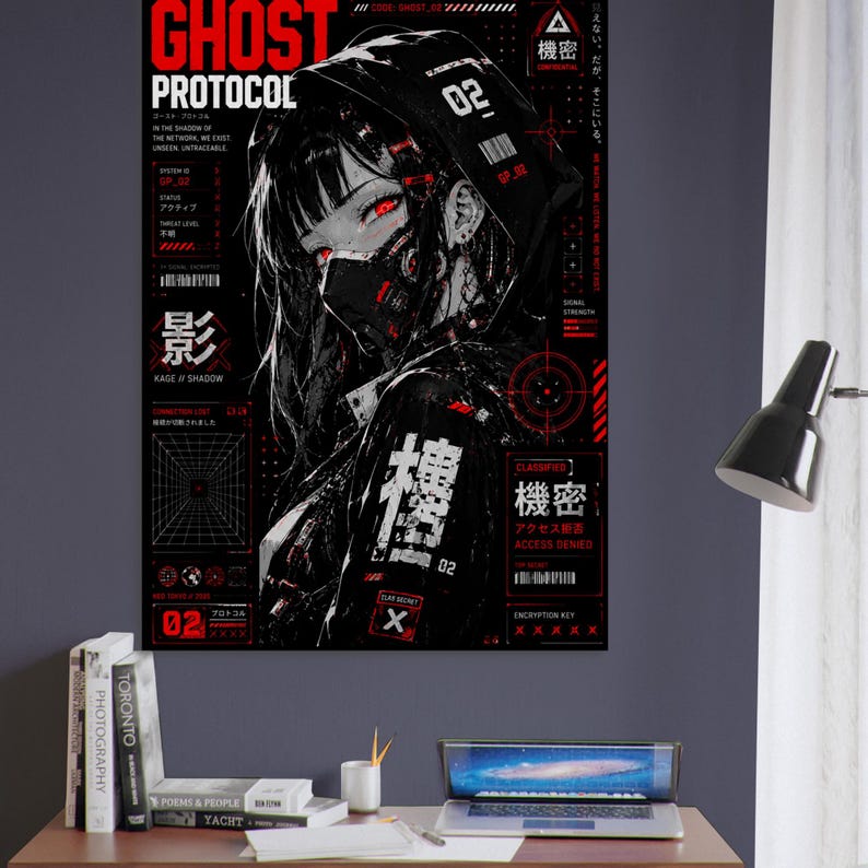 Ghost Protocol Cyberpunk Poster, Anime Wall Art Print, Cyber Ninja Artwork, Futuristic Japanese Decor, Red Neon Manga Poster image 9