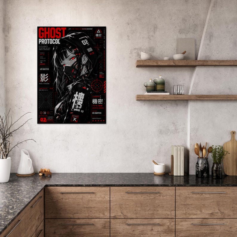 Ghost Protocol Cyberpunk Poster, Anime Wall Art Print, Cyber Ninja Artwork, Futuristic Japanese Decor, Red Neon Manga Poster image 16