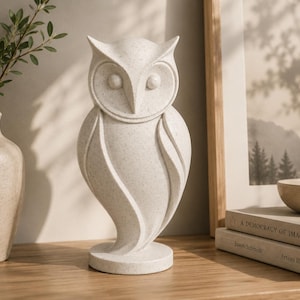 Può includere: Una statuetta di gufo in piedi realizzata in un materiale beige chiaro con una sottile consistenza maculata. Il gufo presenta una forma liscia e stilizzata con contorni alari definiti, grandi occhi circolari e un becco appuntito su base circolare.